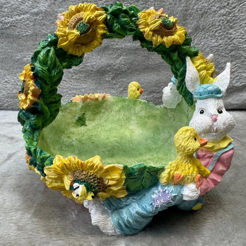 Easter Bunny Sunflower Resin Basket‎ and Votive Candle Holder Spring Lot 2 Vtg.